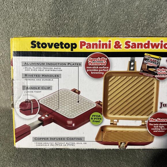 Red Copper Flipwich Stovetop Panini & Sandwich Maker New InBox Non Stick Ceramic - Picture 6 of 6